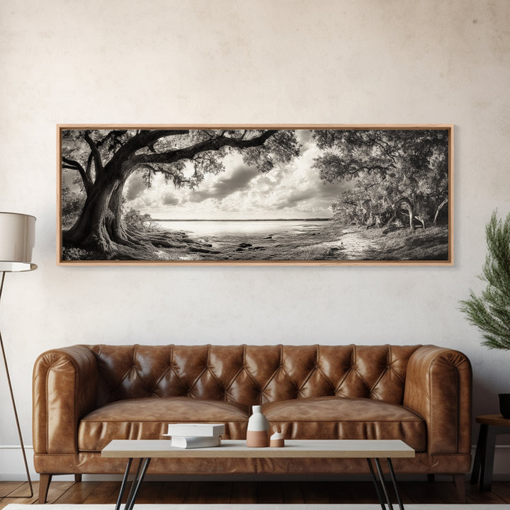 Ancient Tree, Spanish Moss, Forest Path, Framed Canvas Print, Rustic Nature Art, Living Room Wall Art, Earthy Tones, Woodland Photography