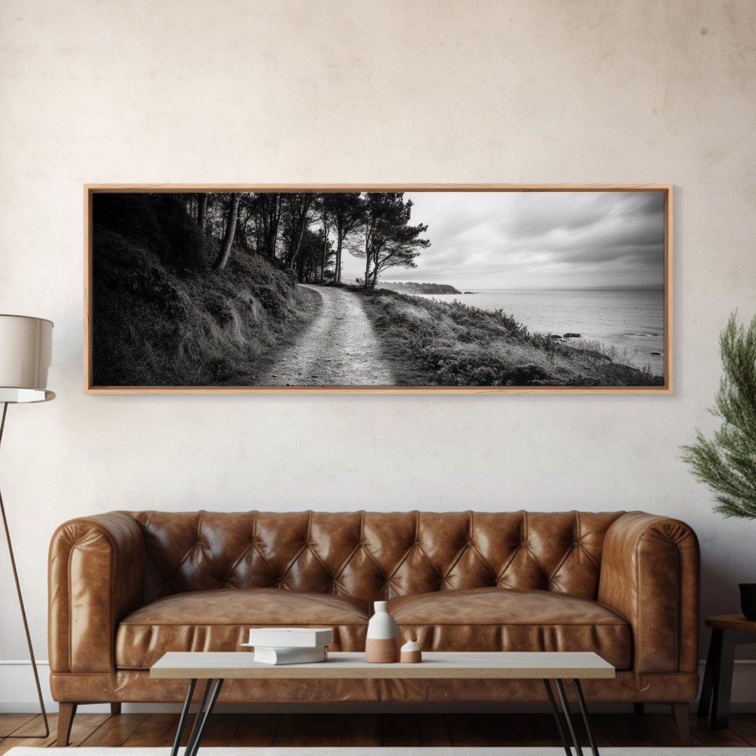 Coastal Trail, Forest Edge, Serene Path, Canvas Print, Black and White Nature Art, Entryway Wall Art, Tranquil Landscape, Moody Decor