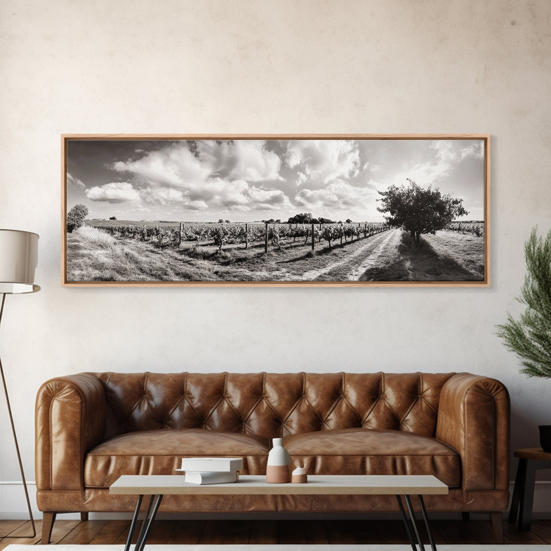 Vineyard Rows, Sunny Fields, Cloudy Sky, Canvas Print, Rustic Country Decor, Dining Room Wall Art, Wine Country Landscape, Farmhouse Style
