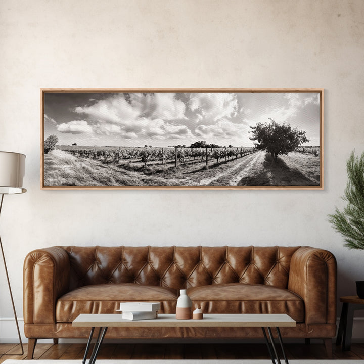 Vineyard Rows, Sunny Fields, Cloudy Sky, Canvas Print, Rustic Country Decor, Dining Room Wall Art, Wine Country Landscape, Farmhouse Style