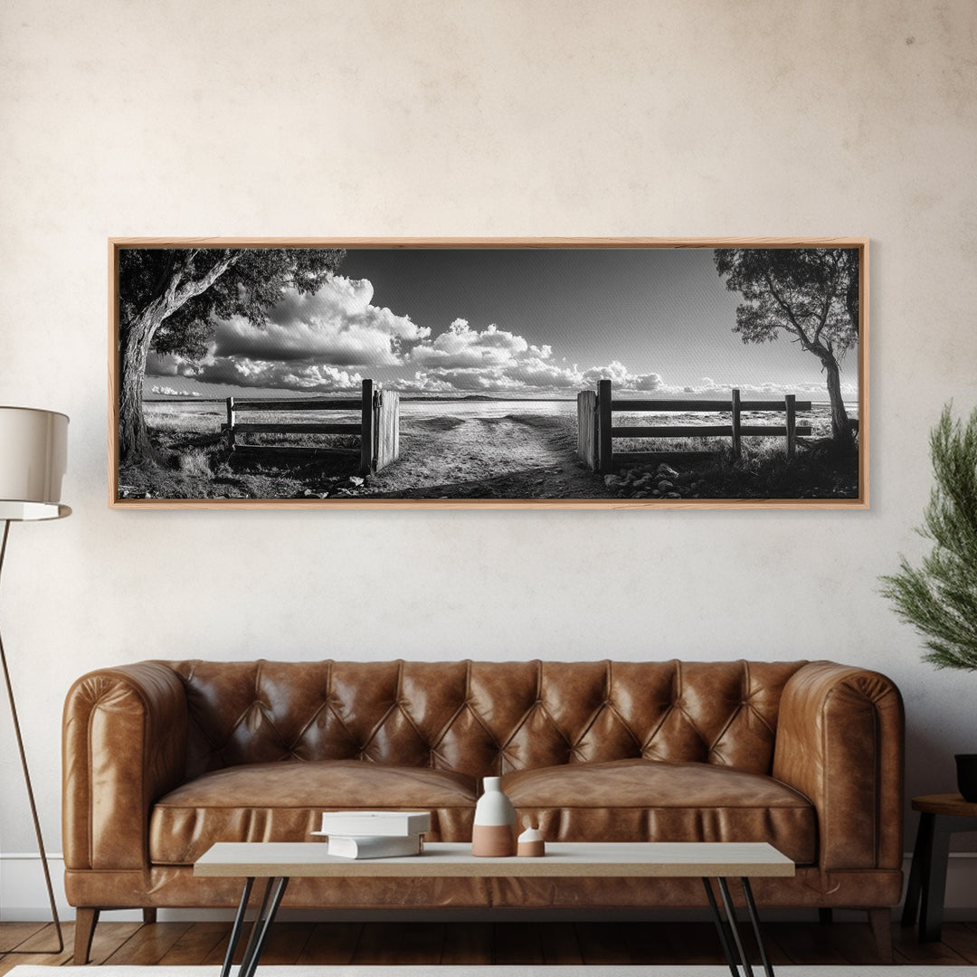 Wooden Fence, Open Field, Cloud Horizon, Framed Canvas Print, Country Landscape Photography, Entryway Wall Art, Farmhouse Autumn Decor