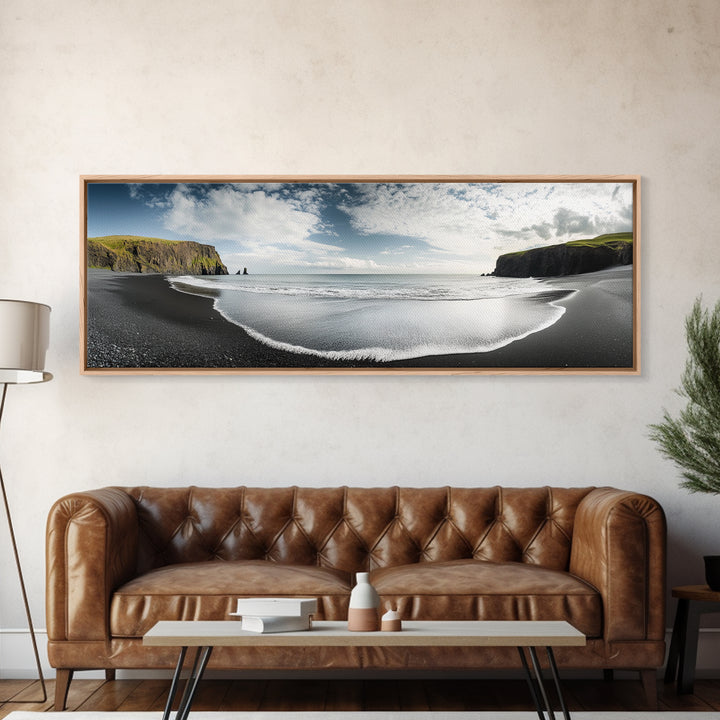 Black Sand Beach, Coastal Cliffs, Ocean Horizon, Icelandic Shore, Framed Canvas Print, Living Room Wall Art, Travel Landscape, Nature Decor