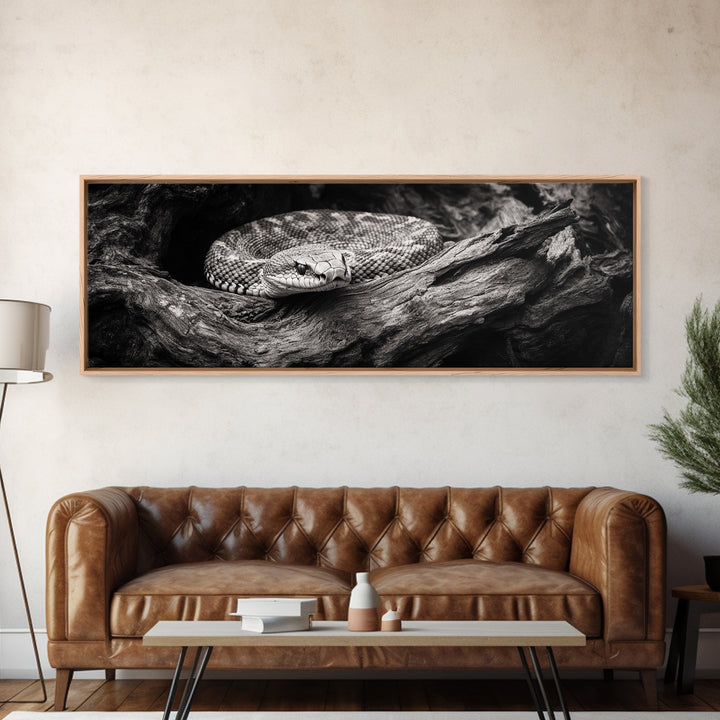 Coiled Rattlesnake, Wild Nature, Black and White, Canvas Print, Rustic Decor, Man Cave Wall Art, Cabin Style, Animal Photography, Moody Art