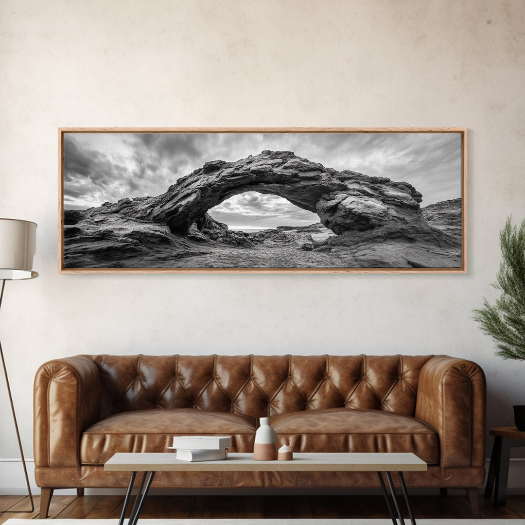 Rock Arch Landscape, Desert Formations, Dramatic Sky, Framed Canvas Print, Living Room Wall Art, Nature Inspired Decor, Monochrome Vibe