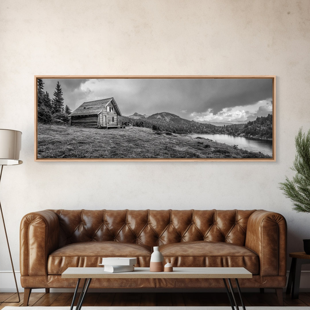 Cabin On Hill, Mountain Lake, Rustic Retreat, Canvas Print, Fall Wall Art, Cozy Home Decor, Adventure Landscape, Nature-Inspired Design