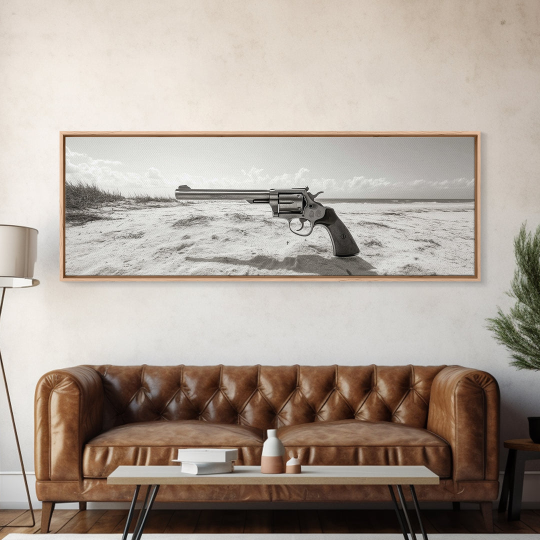 Revolver On Beach, Western Vibes, Americana Style, Framed Canvas Print, Man Cave Wall Art, Bold Statement Decor, Coastal Contrast