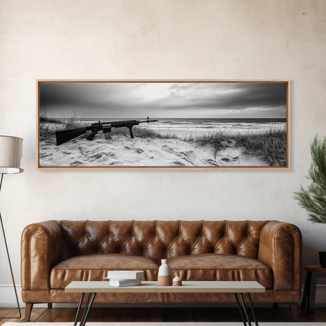 Rifle Seaside Scene, Tactical Still Life, Stormy Beach Mood, Canvas Print, Industrial Wall Art, Dramatic Photography, Masculine Decor
