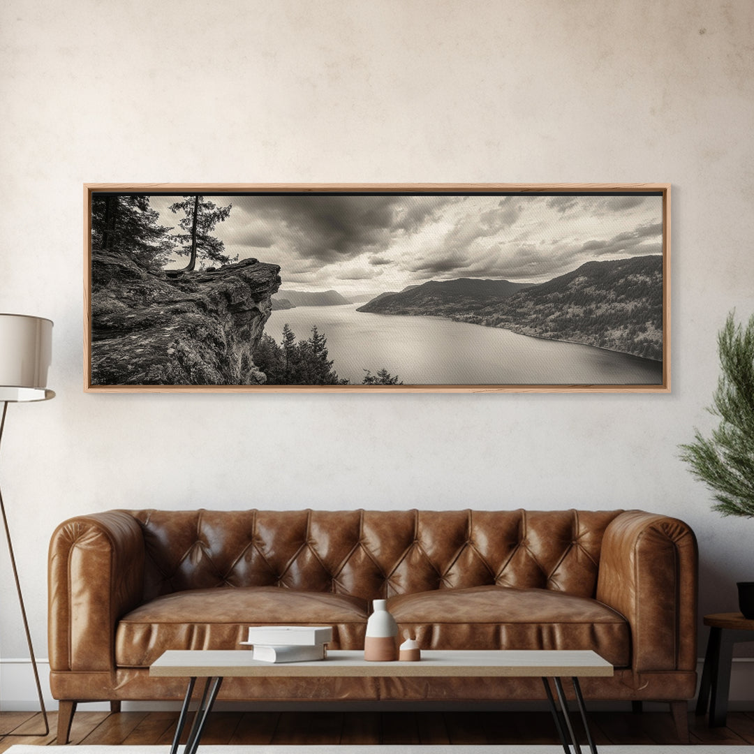 River Cliff View, Forested Mountains, Timeless Horizon, Framed Canvas Print, Living Room Wall Art, Cabin Rustic Decor, Moody Nature Art