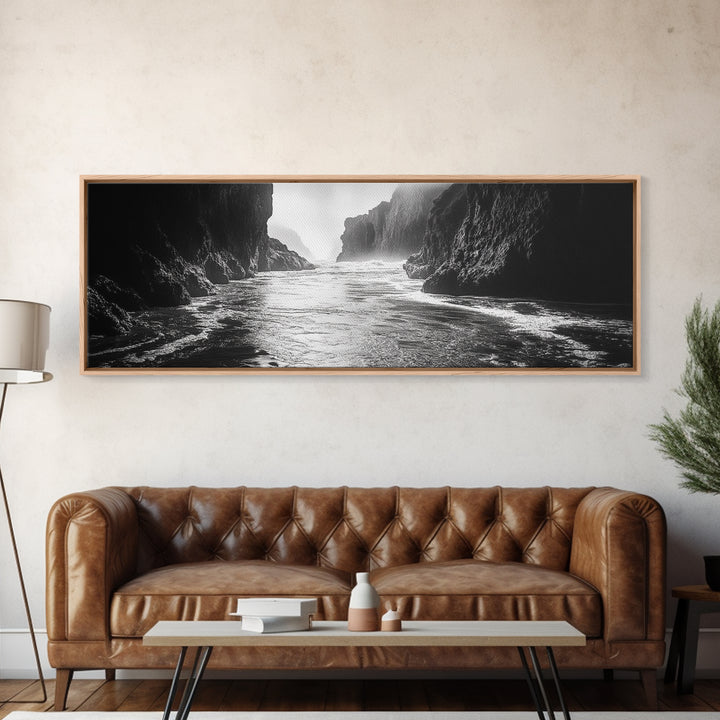 Ocean Cliff Passage, Dramatic Seascape Art, Moody Coastal Photography, Canvas Print, Dark Academic Wall Decor, Bedroom Statement Piece
