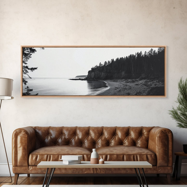 Forest Cliffs, Quiet Bay, Monochrome Coast, Canvas Print, Nature Photography, Modern Rustic Wall Art, Entryway or Office Decor