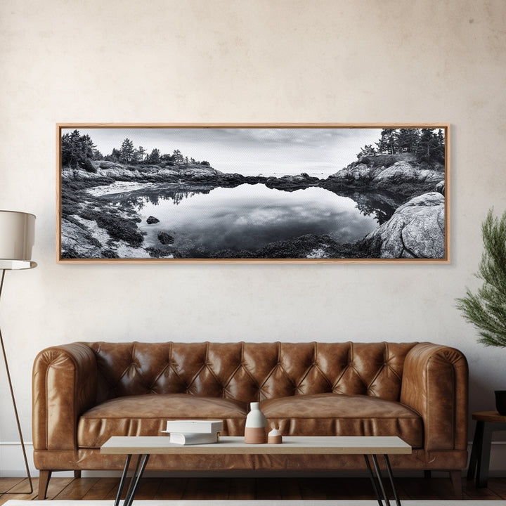 Coastal Reflections, Tide Pool, Rocky Shoreline, Framed Canvas Print, Seaside Nature Art, Minimalist Coastal Decor, Zen Bathroom Art