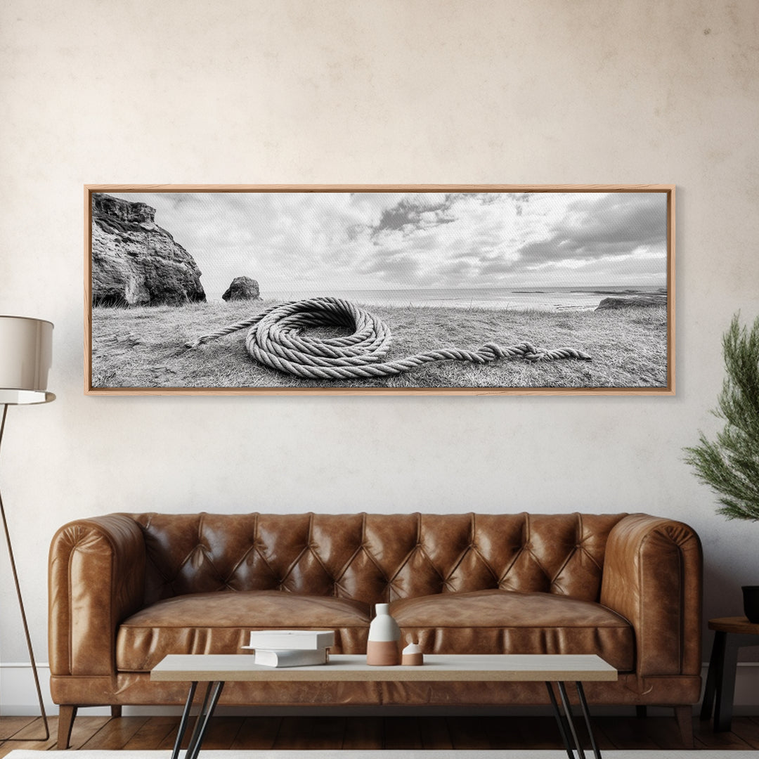 Coastal Rope, Windswept Bluff, Seaside Grass, Framed Canvas Print, Beach House Art, Nautical Decor, Neutral Living Room Style