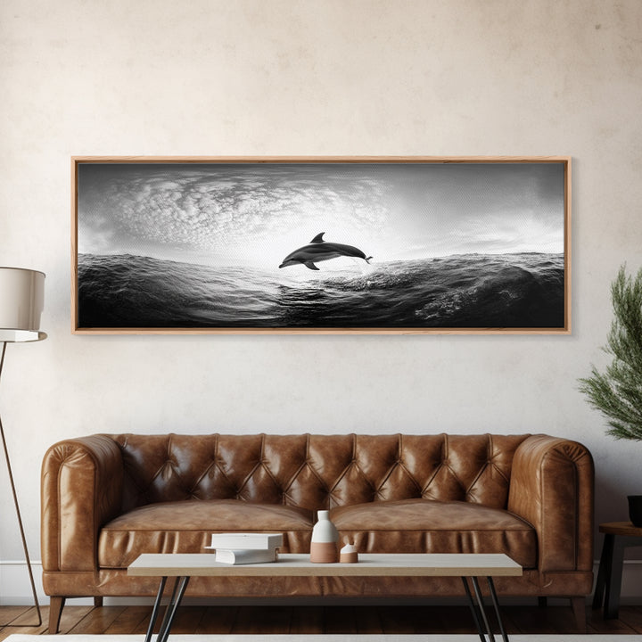 Ocean Dolphin Jump, Seascape Art, Black White Photography, Coastal Wall Decor, Canvas Print, Minimalist Bathroom Wall Art, Nautical Style