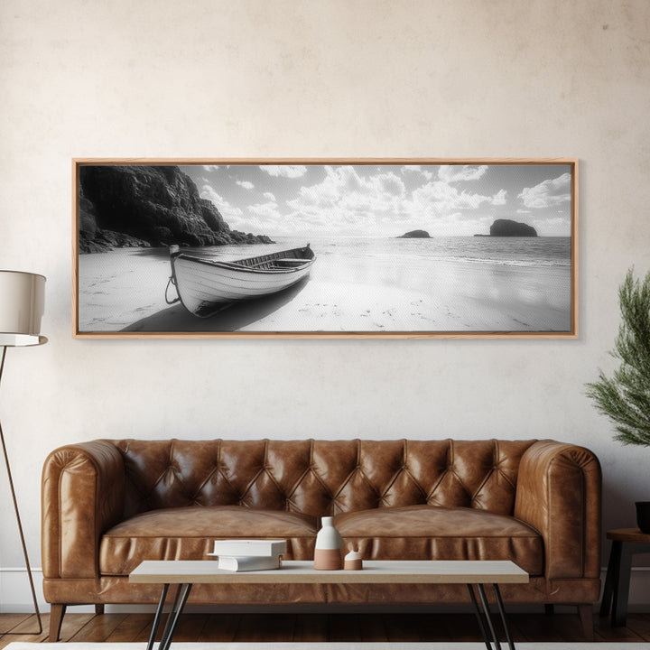 Rowboat, Sandy Cove, Island View, Canvas Print, Coastal Photography, Minimalist Beach Decor, Serene Bathroom or Bedroom Wall Art