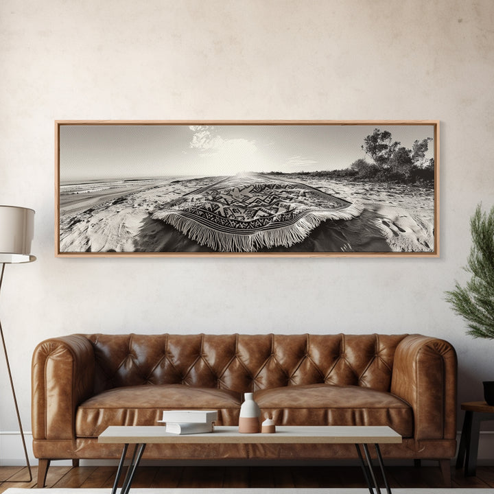 Boho Blanket, Sunrise Beach, Woven Textile, Framed Canvas Print, Bohemian Wall Art, Minimalist Bedroom Decor, Coastal Living Style