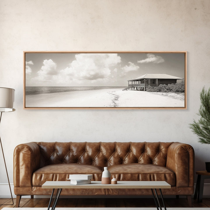 Beach House, Secluded Shore, Calm Waters, Framed Canvas Print, Coastal Wall Art, Minimalist Living Room Decor, Vacation Vibes