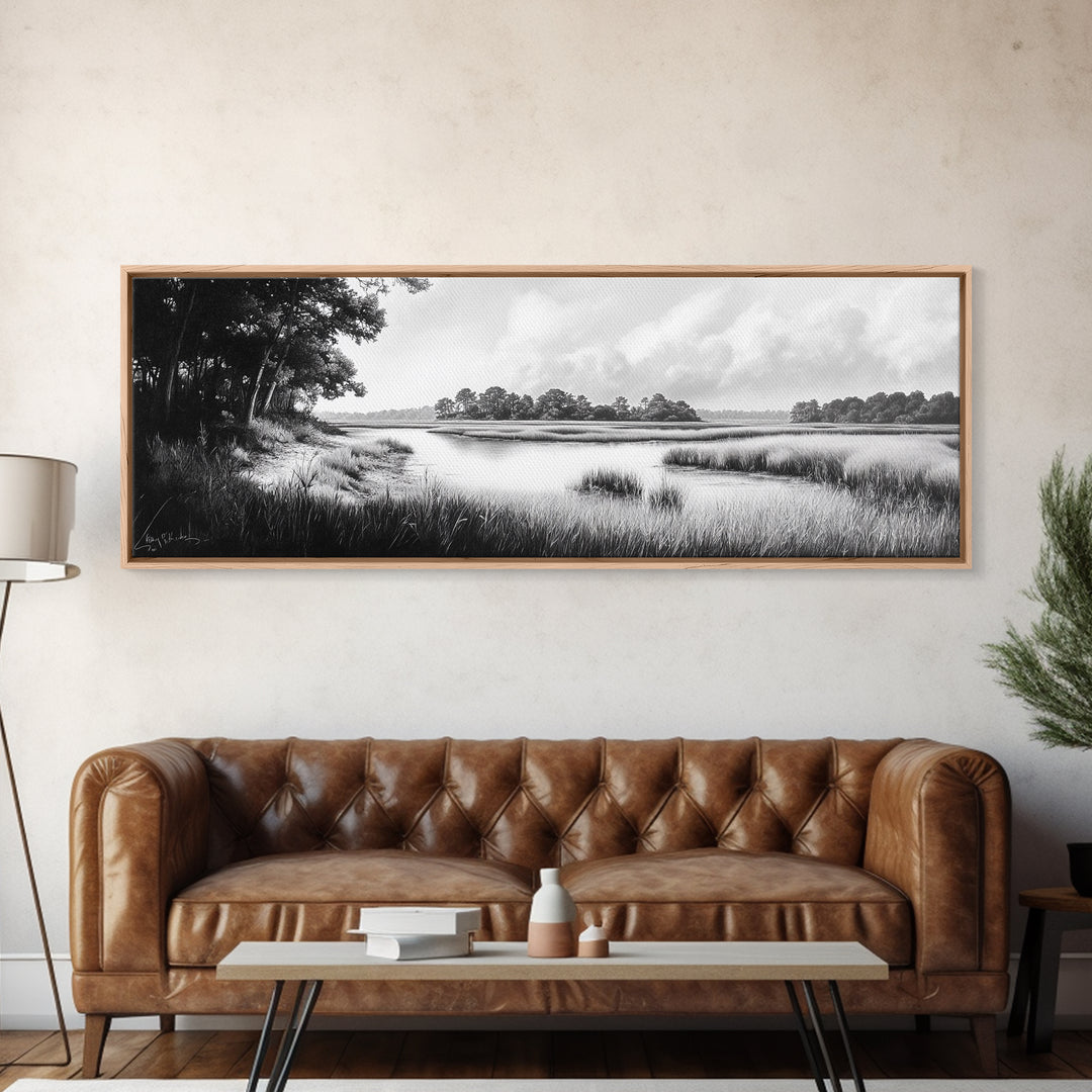 Marsh Scene, Grassy Shore, Tree Lined Path, Canvas Print, Nature Landscape Art, Rustic Cabin Decor, Peaceful Living Room Style