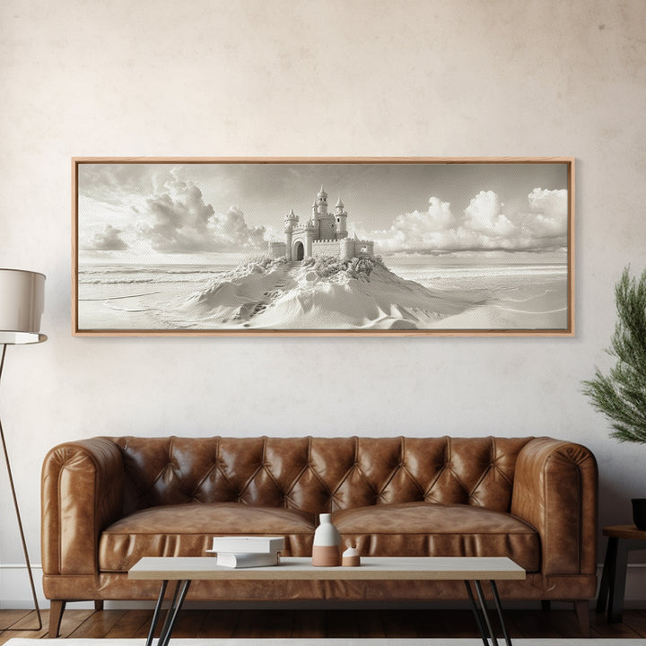 Fantasy Sand Castle, Seaside Kingdom, Dreamy Beach Scene, Magical Vibes, Framed Canvas Print, Kids Room Art, Whimsical Decor, Coastal Theme