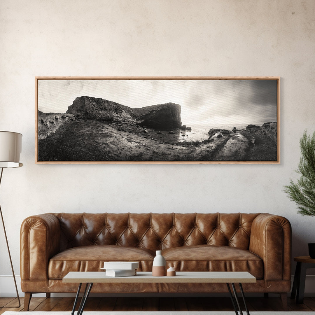 Rocky Coastal Path, Ocean Horizon View, Canvas Print, Neutral Earth Tones, Rustic Wall Art, Beach Landscape Photography, Grunge Nautical Art