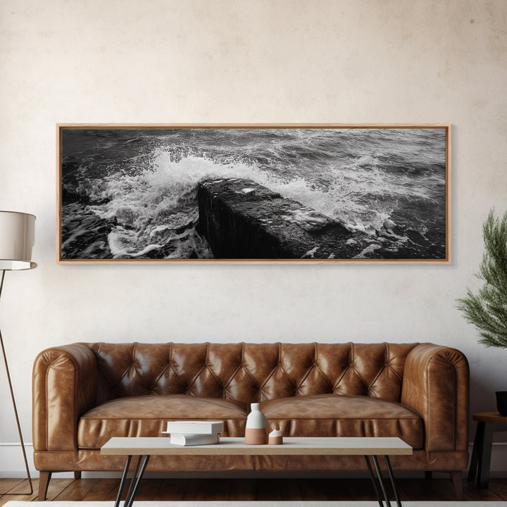 Crashing Waves Rock, Coastal Seascape, Ocean Photography, Black White Art, Framed Canvas Print, Nautical Bathroom Wall Decor