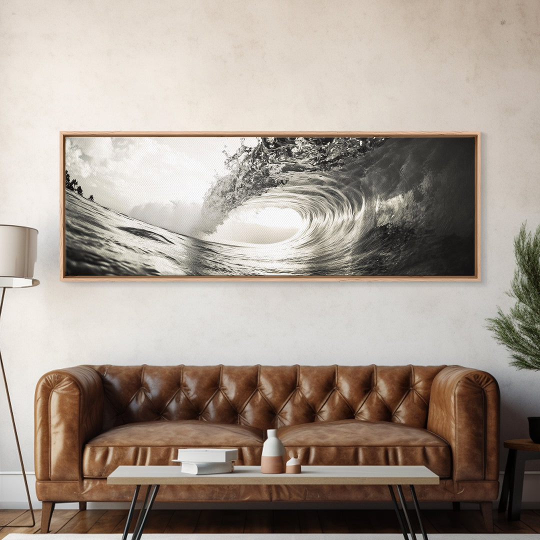 Ocean Barrel Wave, Surf Photography, Coastal Decor, Sepia Framed Canvas Print, Modern Beach House Bathroom or Living Room Wall Art