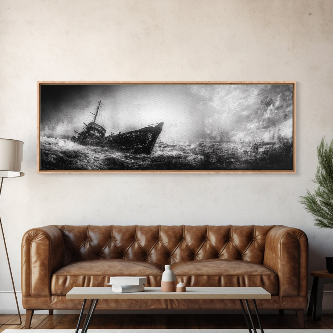 Abandoned Shipwreck Storm, Dark Sea Drama, Grunge Nautical Art, Framed Canvas Print, Industrial Office or Man Cave Wall Decor