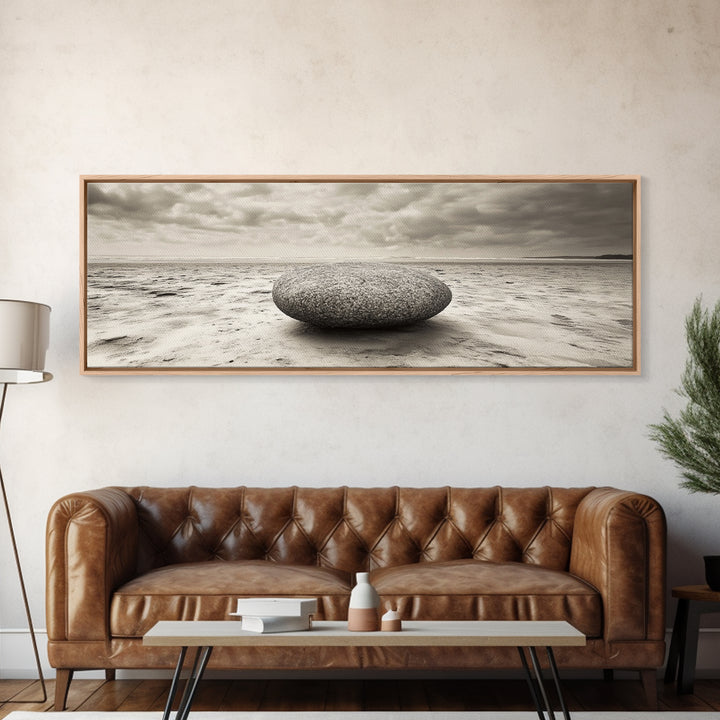 Round Beach Boulder, Serene Shore, Natural Simplicity, Neutral Toned Framed Canvas Print, Minimalist Living Room or Yoga Wall Art