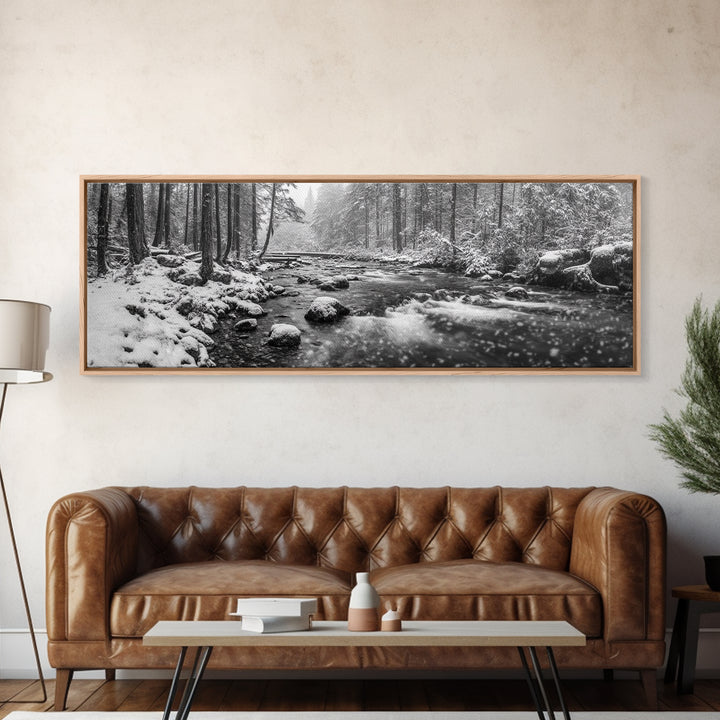 River Stream, Snow Forest, Winter Tranquility, Canvas Print, cozy cabin art, hygge home decor, Christmas wall art, woodland minimalist art