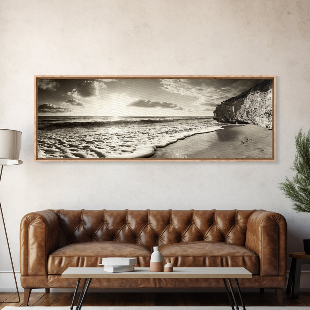 Cliff Coastline, Ocean Sunset, Beach Waves, Framed Canvas Print, seascape wall art, coastal bedroom decor, relaxing nature vibe, neutral art