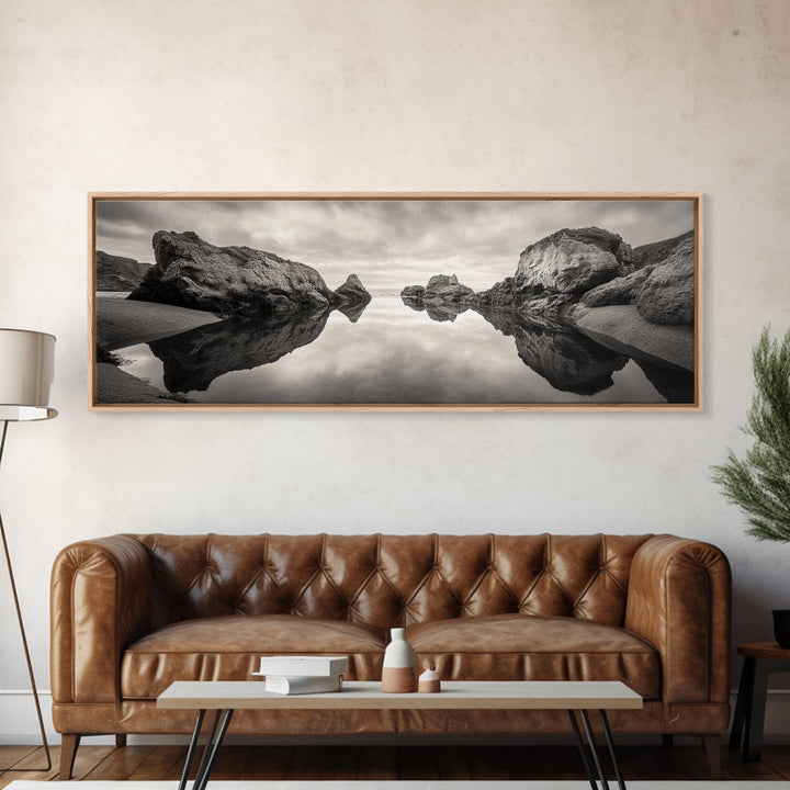 Rock Reflection, Coastal Tranquility, Nature Mirror, Framed Canvas Print, black and white coastal art, zen bathroom decor, moody ocean wall art