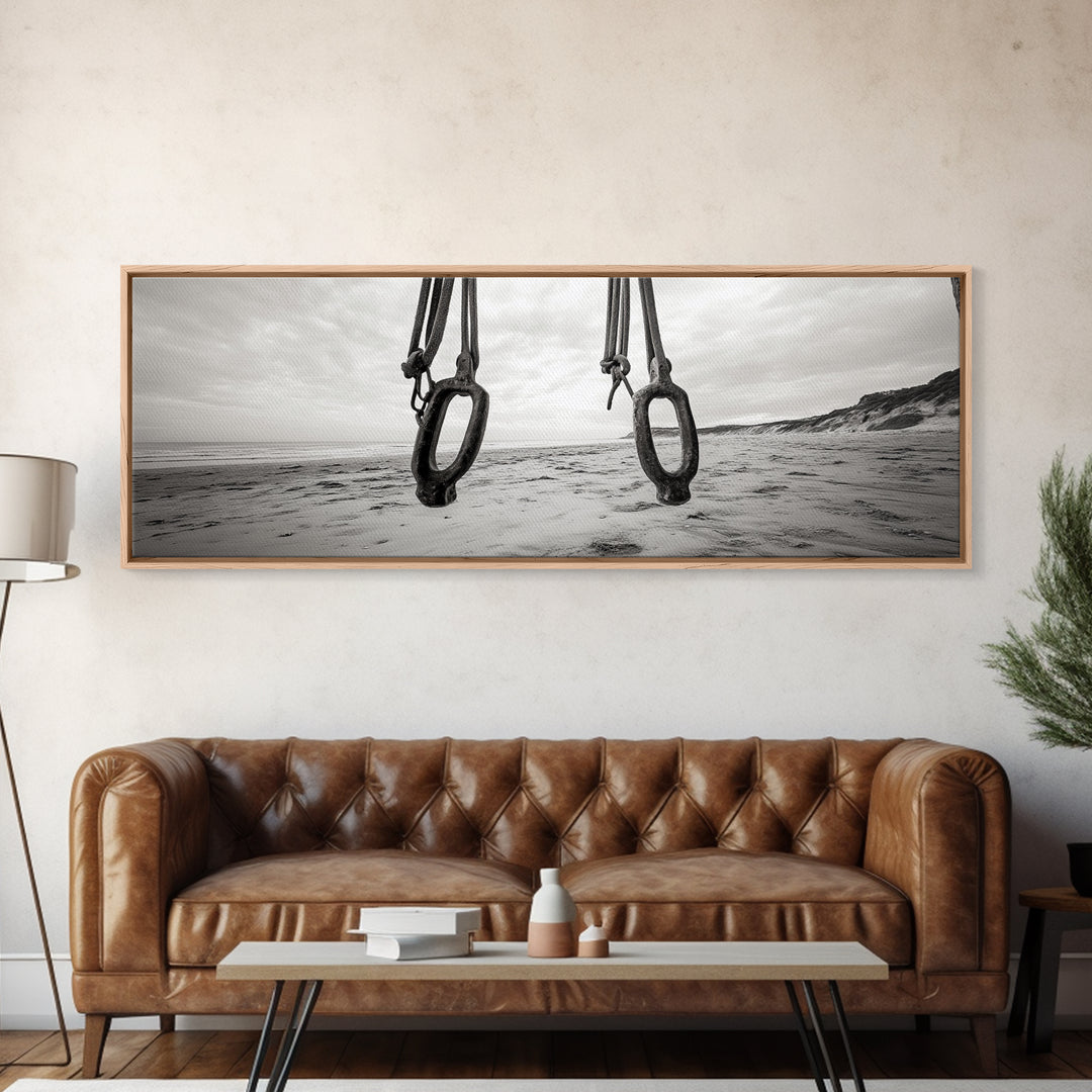 Nautical Swing, Beach Ropes, Seaside Minimalism, Canvas Print, black and white beach decor, coastal hallway wall art, maritime rustic style