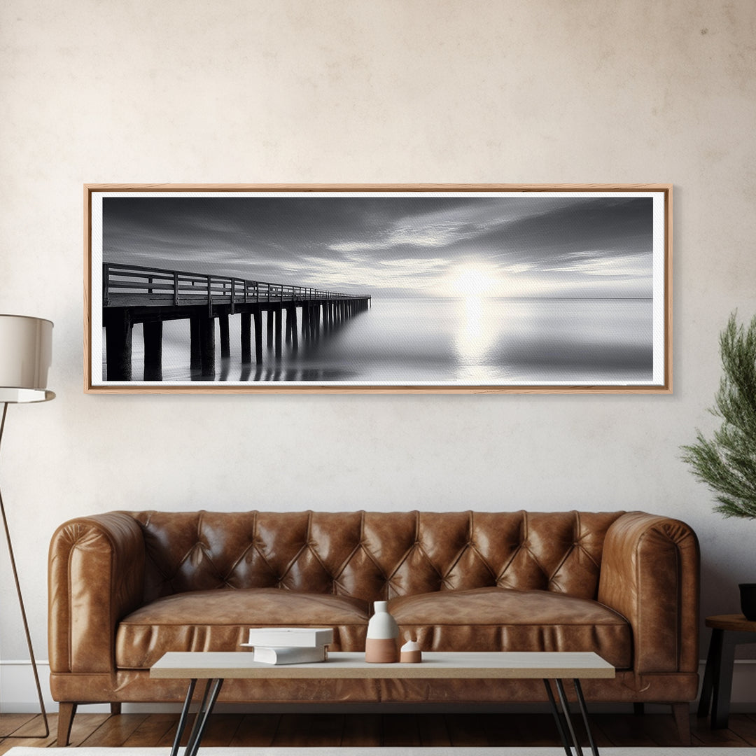 Ocean Pier, Tranquil Horizon, Serene Seascape, Framed Canvas Print, black and white beach wall art, bedroom coastal minimalism