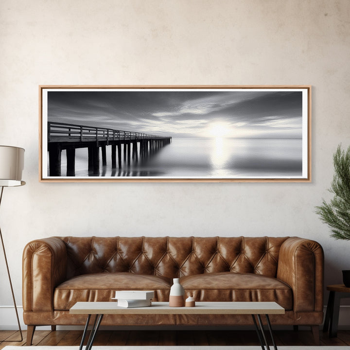 Ocean Pier, Tranquil Horizon, Serene Seascape, Framed Canvas Print, black and white beach wall art, bedroom coastal minimalism