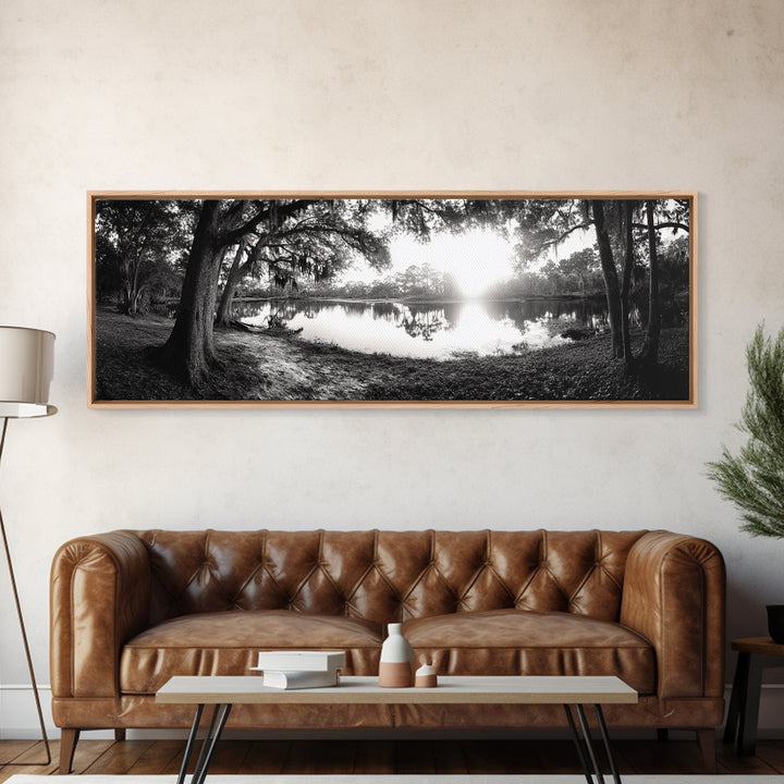 River Sunset, Mossy Trees, Tranquil Reflection, Framed Canvas Print, southern forest wall art, peaceful living room decor, rustic boho vibe