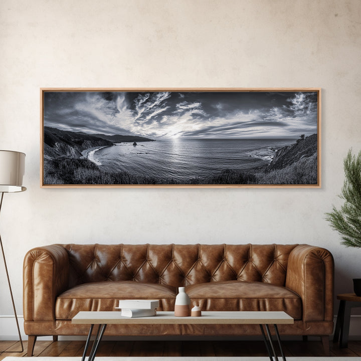 Cloudy Horizon, Wide Ocean View, Coastal Cliffs, Framed Canvas Print, dramatic seascape wall art, coastal kitchen decor, black and white