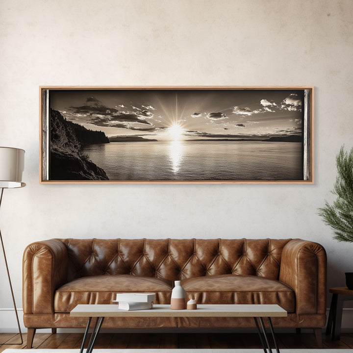 Sepia Horizon, Sunset Lake, Nature Tranquility, Canvas Print, cabin wall decor, warm autumn lake art, peaceful sepia photography