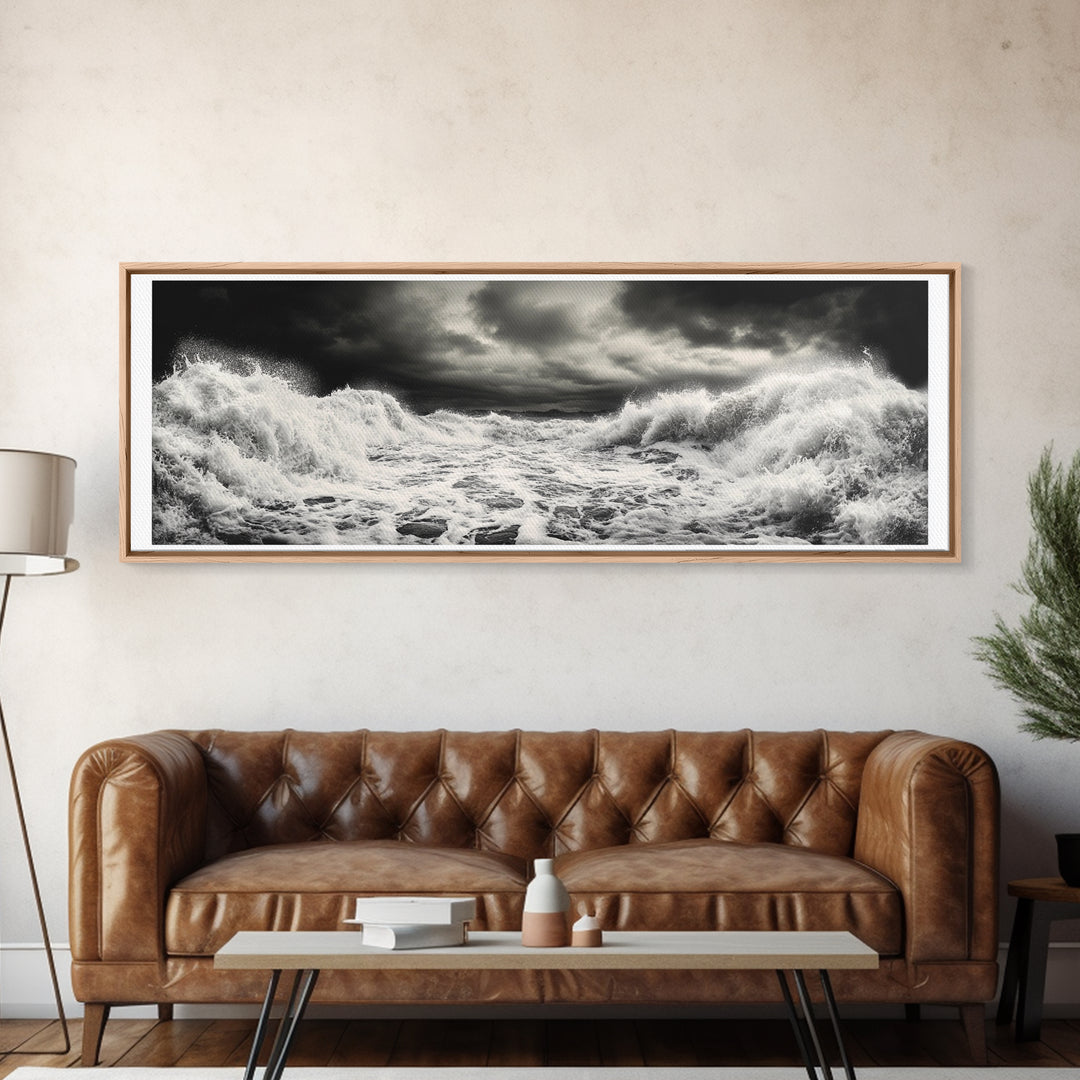 Storm Waves, Moody Sea, Ocean Power, Canvas Print, dramatic bathroom wall art, black and white seascape, coastal energy room decor