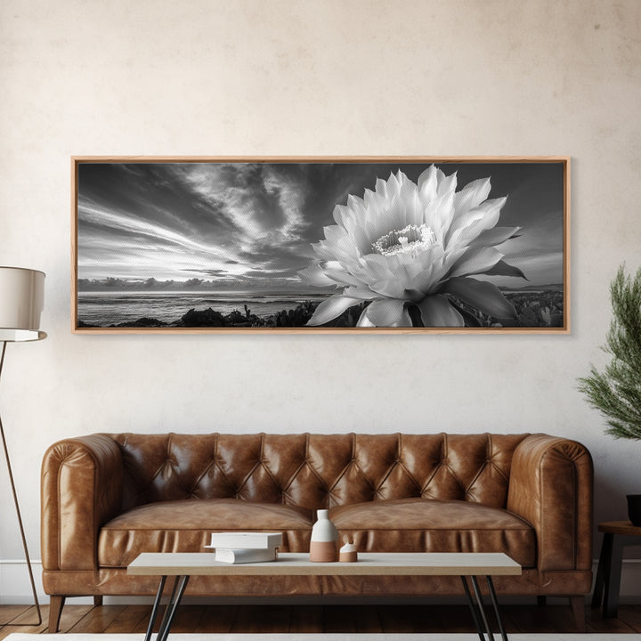 Desert Bloom Flower, Coastal Cactus Sunrise, Nature Canvas Print, Southwestern Wall Art, Boho Bathroom or Bedroom Decor