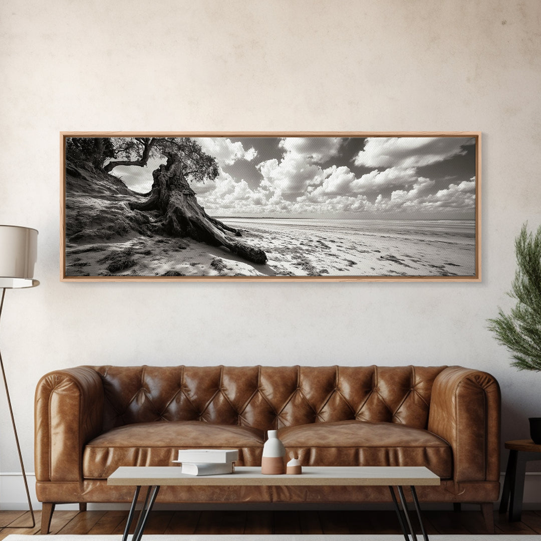 Coastal Tree Roots, Windswept Beach, Natural Form, Framed Canvas Print, Boho Wall Art, Entryway Decor, Beach House Aesthetic