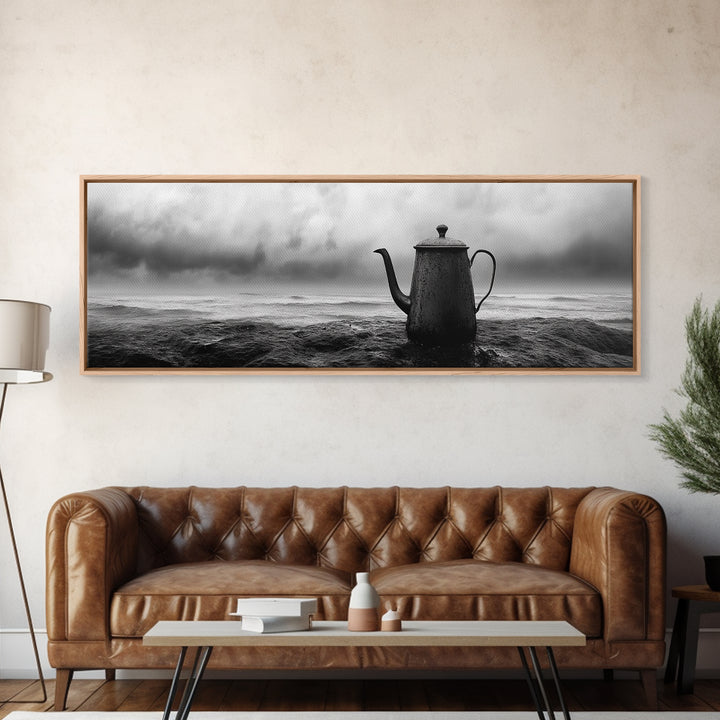Coastal Teapot Still, Nautical Decor, Ocean Photography, Minimalist Kitchen Art, Canvas Print, Monochrome Style, Beach House Art