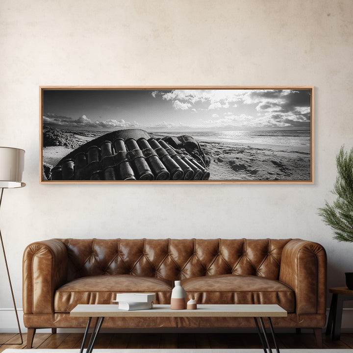 Beach Ammo, War Relic, Ocean Shoreline, WWII Remnants, Framed Canvas Print, Industrial Wall Art, Man Cave Decor, Coastal Photography