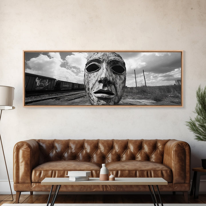 Abandoned Train Mask, Urban Surrealism, Monochrome Street Art, Modern Edgy Decor, Framed Canvas Print, Industrial Room Style