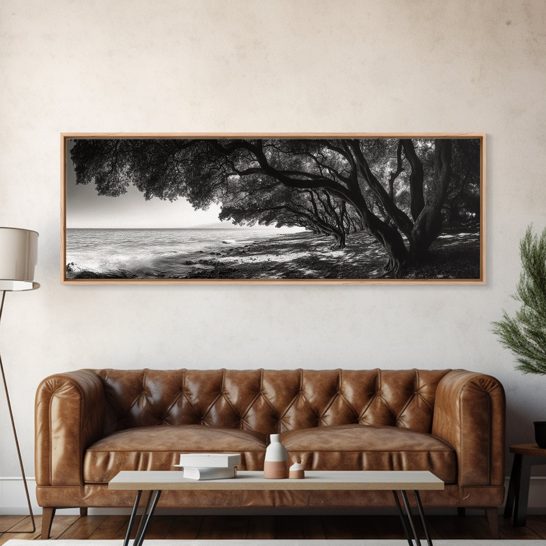 Ocean Trees, Shoreline Light, Majestic Forest, Beach Scene, Framed Canvas Print, Boho Wall Decor, Bedroom Art, Zen Coastal Artwork