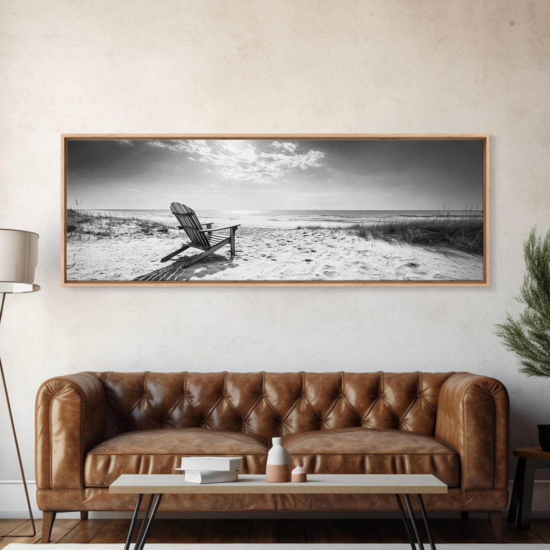 Coastal Chair, Black White, Seaside Decor, Beach Life, Framed Canvas Print, Coastal wall art, minimalist art, neutral tones, coastal room