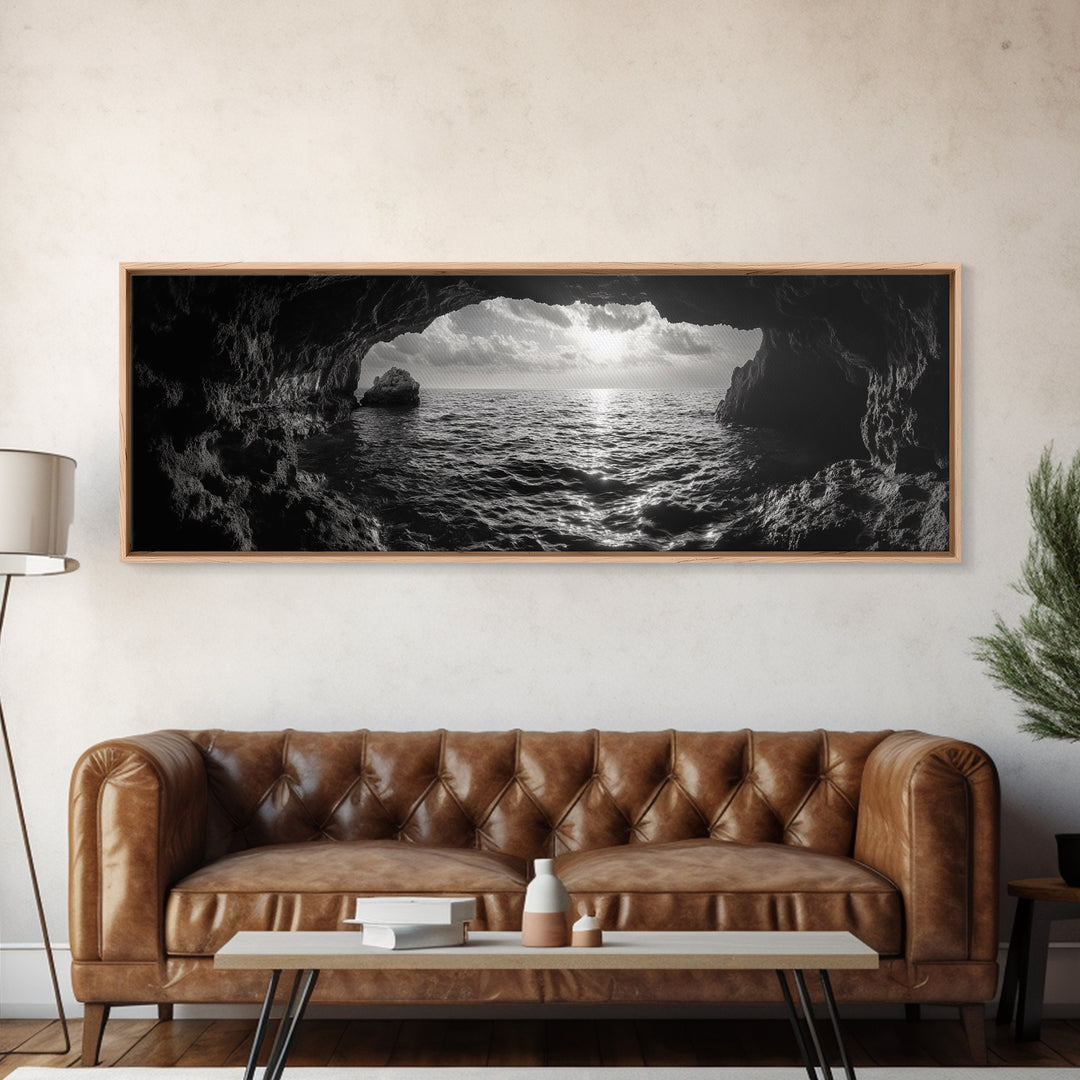 Ocean Cave, Horizon View, Seascape Tunnel, Sunset Waters, Framed Canvas Print, Coastal Bathroom Art, Nature Lover Gift, Minimal Decor