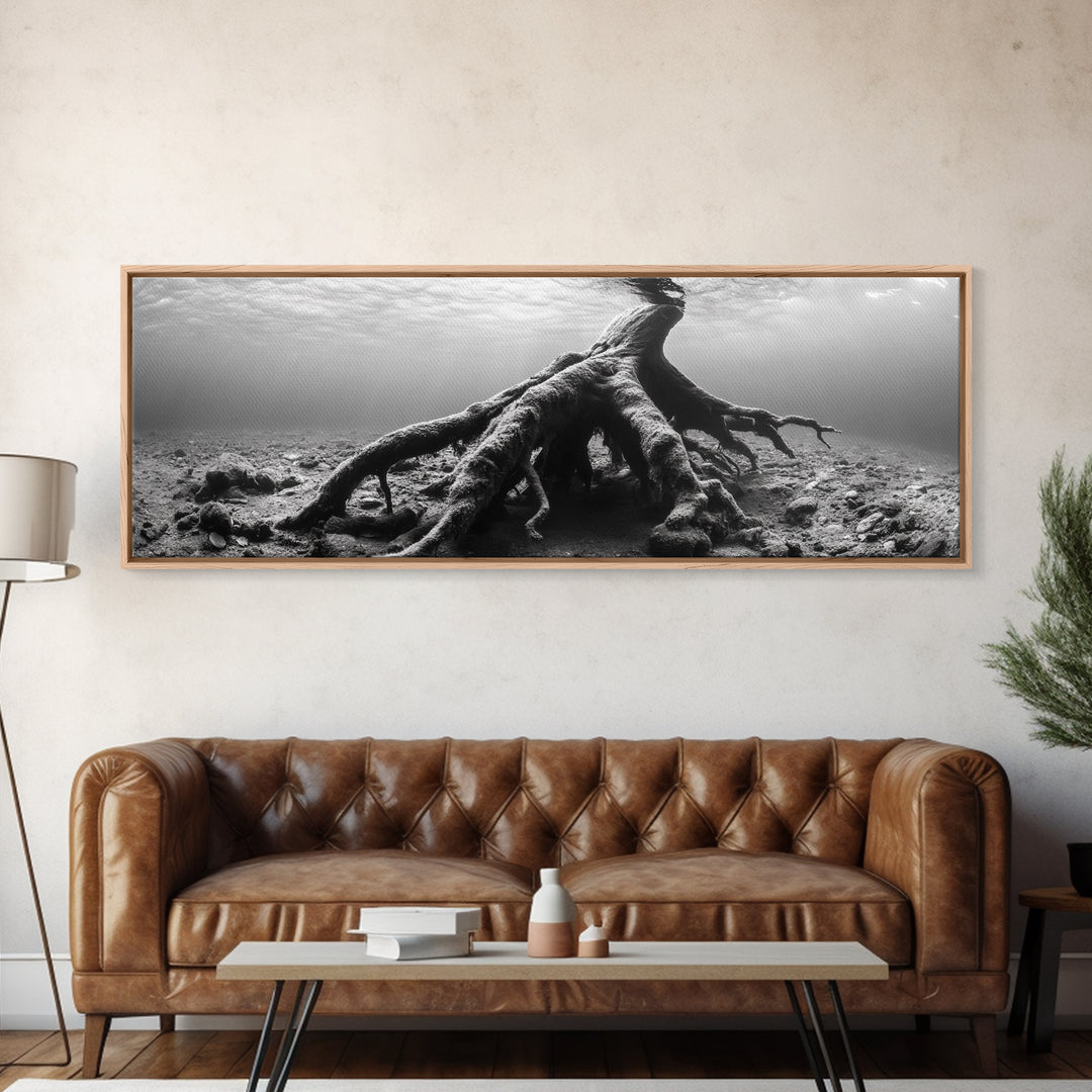 Ancient Roots, Submerged Tree, Nature Photography, Black and White, Canvas Print, Minimalist Underwater Art, Office Wall Art, Moody Decor