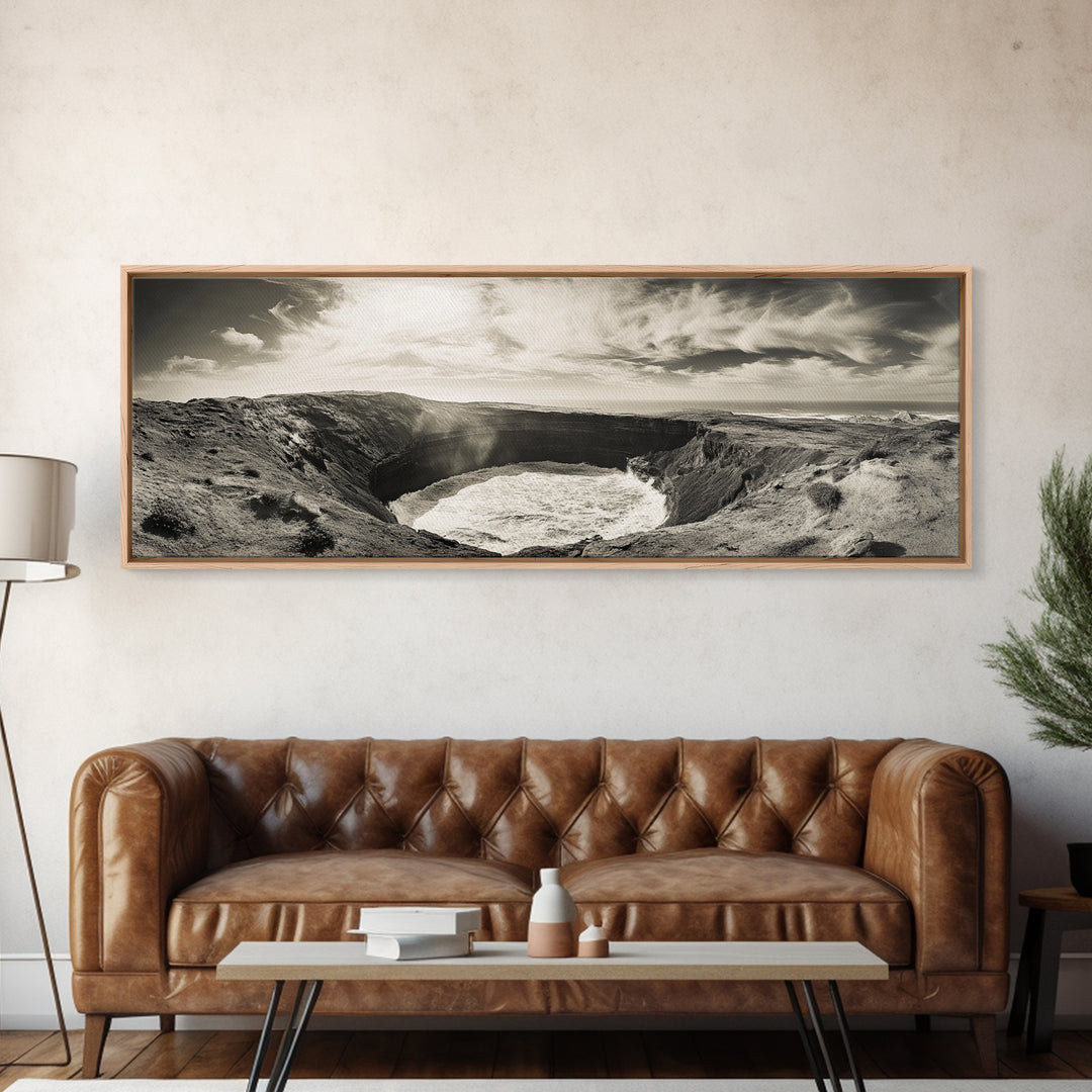 Ocean Crater, Coastal Cliff, Surreal Nature Art, Black and White Canvas Print, Gallery Wall Art, Earthy Decor, Adventure Inspired
