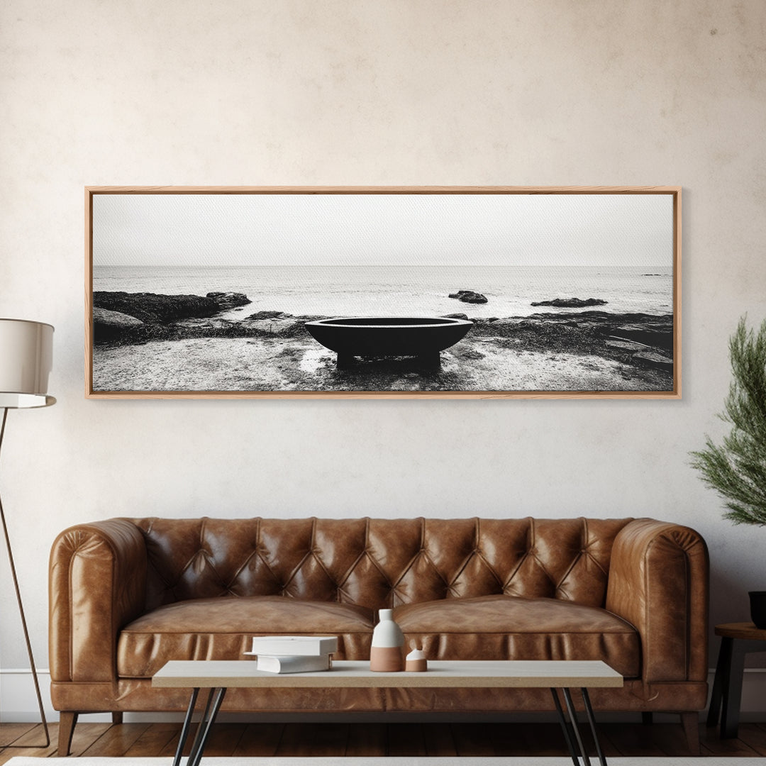 Coastal Boat, Ocean Horizon, Solitude Scene, Black and White Seascape, Canvas Print, Modern Bathroom Wall Art, Minimalist Decor