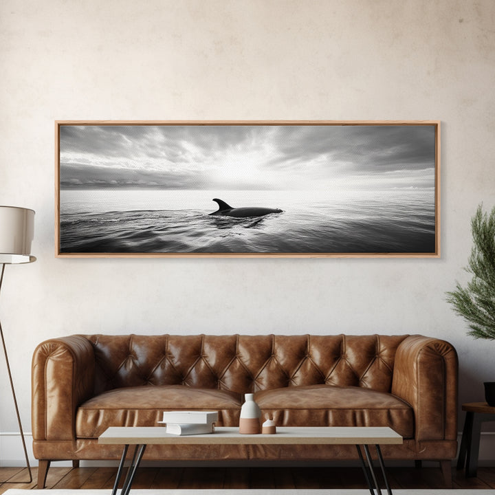 Ocean Sunset Orca, Tranquil Whale Scene, Marine Wildlife, Canvas Print, Minimalist Bathroom Decor, Coastal Bedroom Wall Art