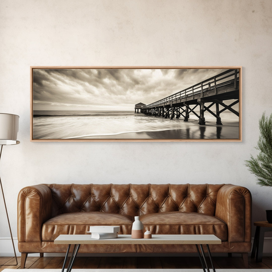 Pier at Dusk, Ocean Boardwalk, Stormy Beach Horizon, Framed Canvas Print, Moody Coastal Wall Art, Nautical Living Room Decor